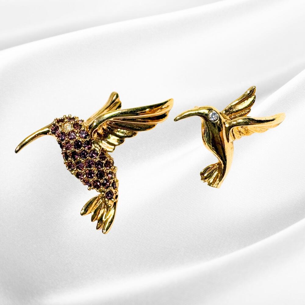 Lot of 2 Hummingbird Pins Brooch Smithsonian Institution Gold Tone Rhinestones